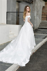 Princess Off Shoulder White Wedding Dress with Pearls